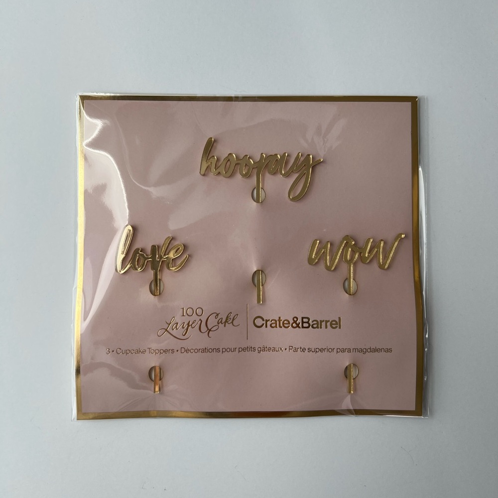 Crate&Barrel Gold Script Cupcake Toppers. Set of 3. Hooray, Love, Wow